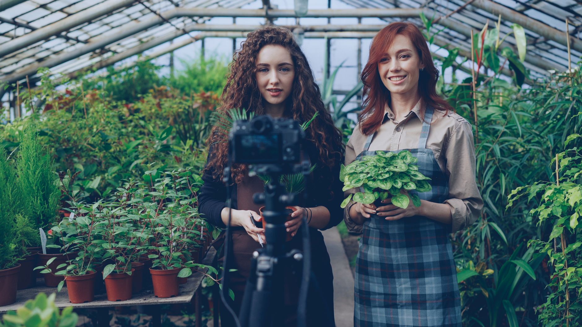 Two women recording gardening video in greenhouse, surrounded by plants.