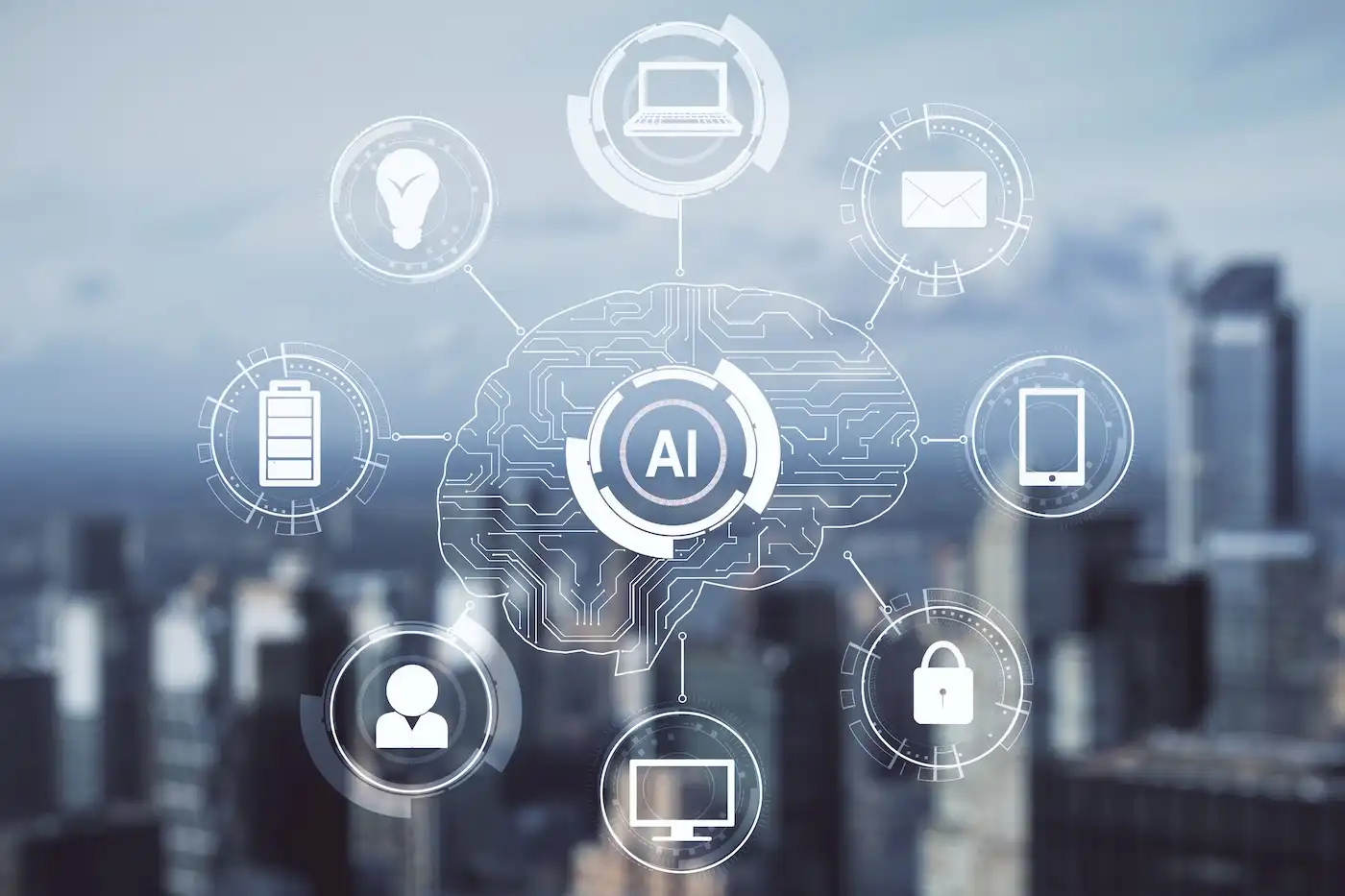 AI graphic over cityscape illustrating technology.