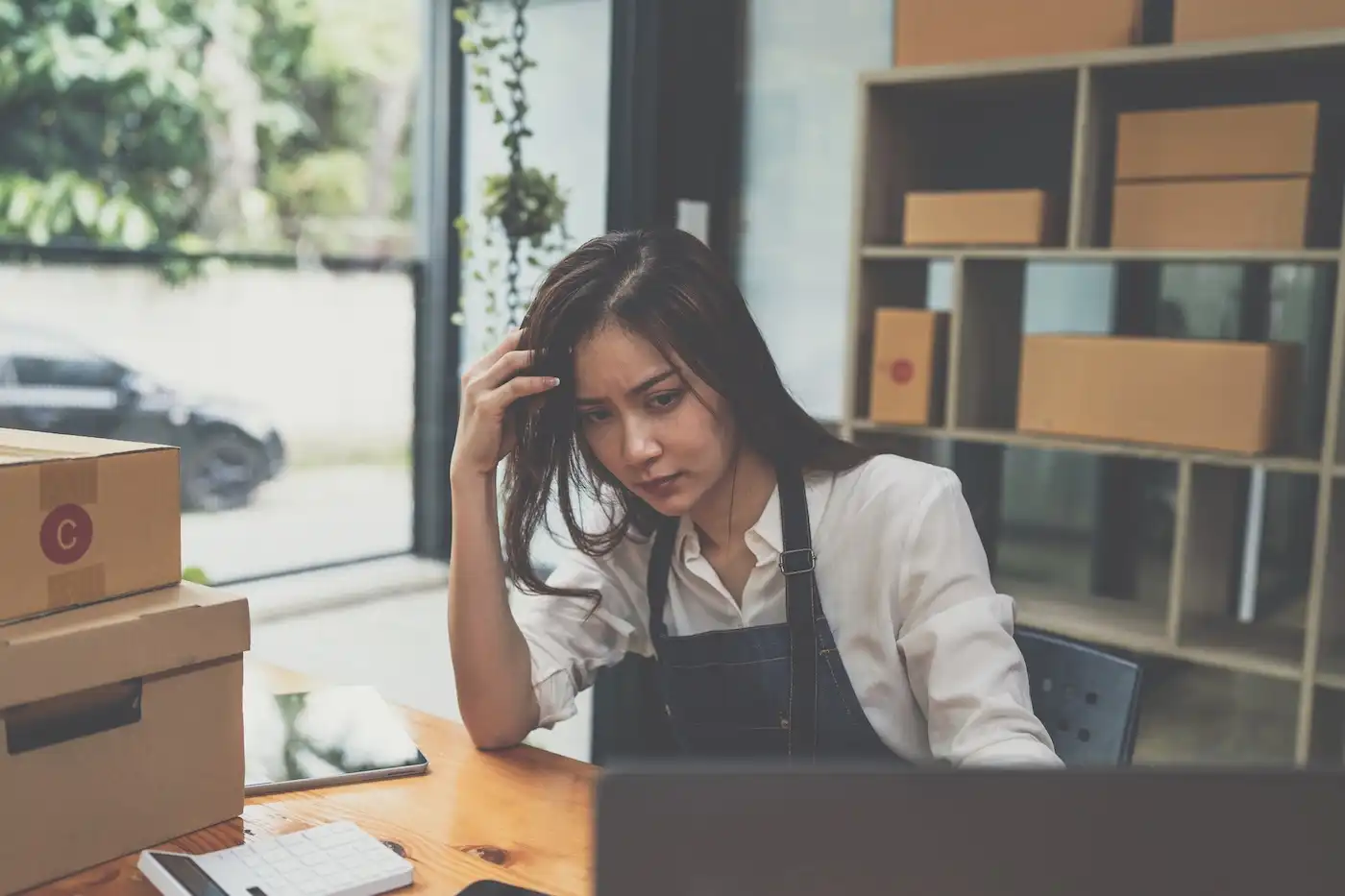 Frustrated woman working at desk in small business